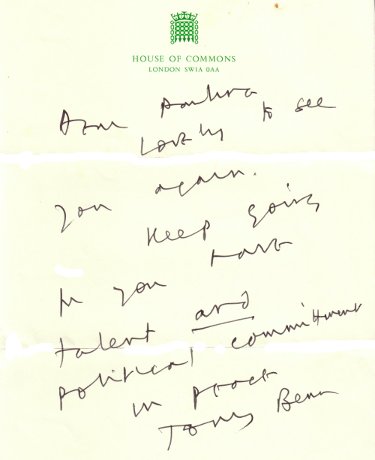 Image of Headed House of Commons paper with had written note from Tony Benn